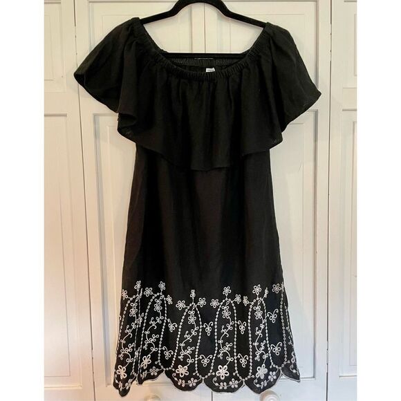 Old navy linen black ruffled neck eyelet hem dress small - Picture 2 of 8